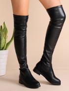 Romwe Black Faux Leather Almond Toe Thigh High Boots