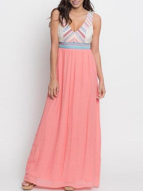 Romwe Deep V Neck Color-block Maxi Dress