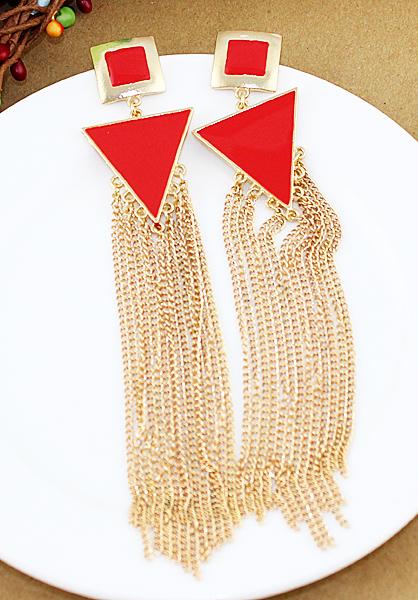 Romwe Shine Red Trangle And Square Long Tassels Drop Earrings