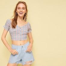 Romwe Plaid Print Flounce Sleeve Crop Blouse