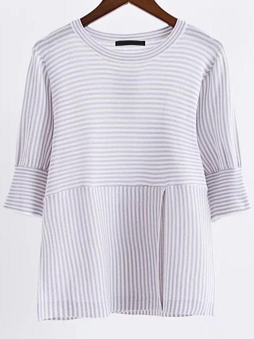 Romwe Light Grey Striped Round Neck Split Front Knitwear