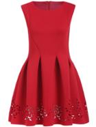 Romwe Red Round Neck Hollow Carving Flare Dress