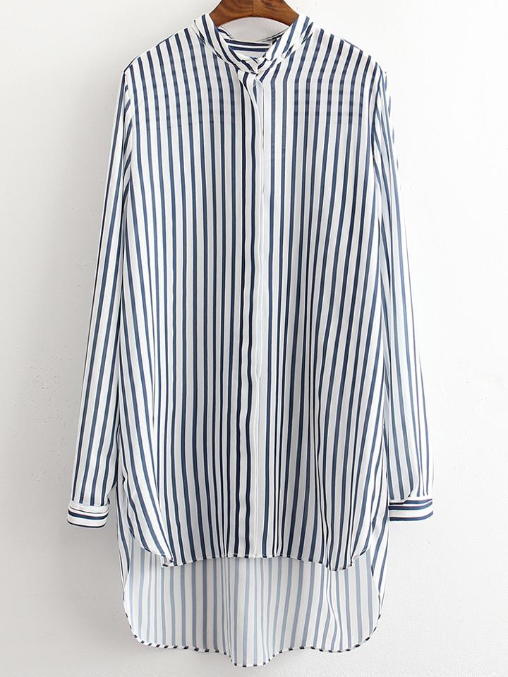 Romwe Blue White Stripe Buttons Front High Low Shirt Dress