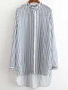 Romwe Blue White Stripe Buttons Front High Low Shirt Dress