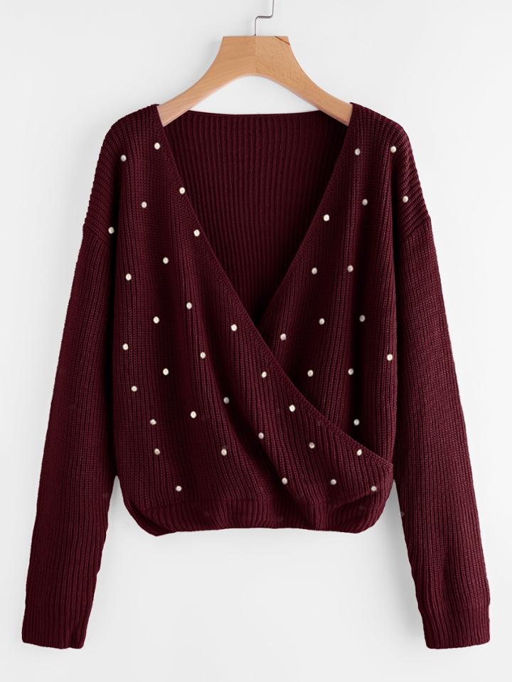 Romwe Pearl Beading Surplice Wrap Jumper