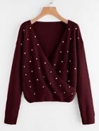 Romwe Pearl Beading Surplice Wrap Jumper