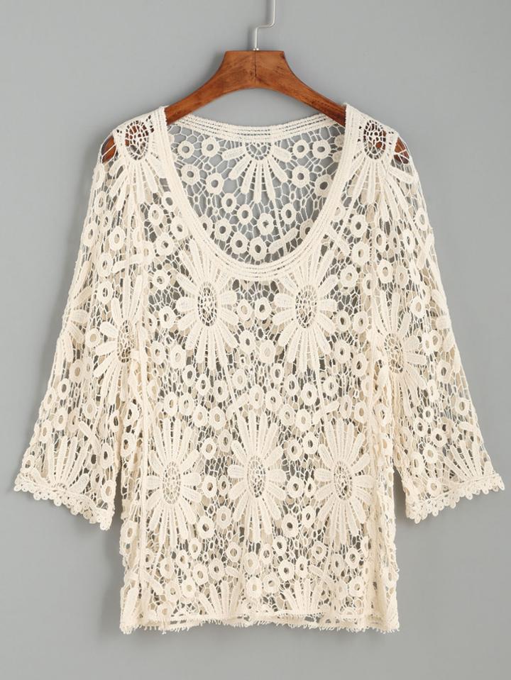 Romwe Beige Hollow Out Crochet Cover Up Top