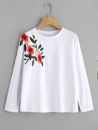 Romwe Drop Shoulder Flower Embroidered Tee