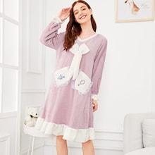 Romwe Bow Detail Ruffle Hem Plush Night Dress