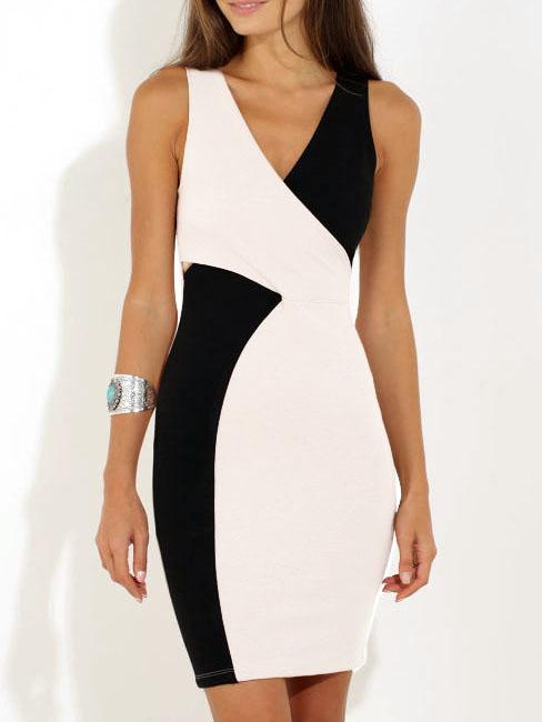 Romwe Color-block V Neck Bodycon Dress