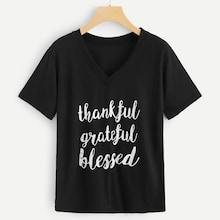Romwe Plus V Neck Letter Print Tee