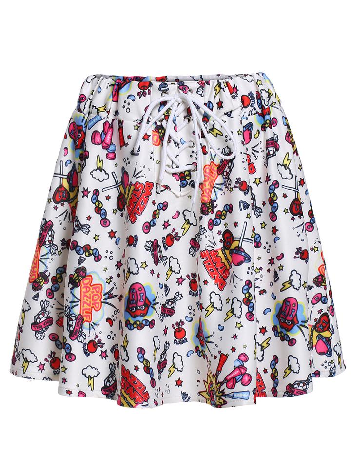 Romwe Cartoon Graffiti Print Drawstring Skirt