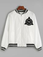 Romwe White Striped Trim Patch Embroidered Back Jacket
