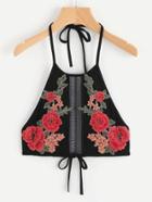 Romwe Ladder Lace Insert Embroidered Flower Patch Halter Top