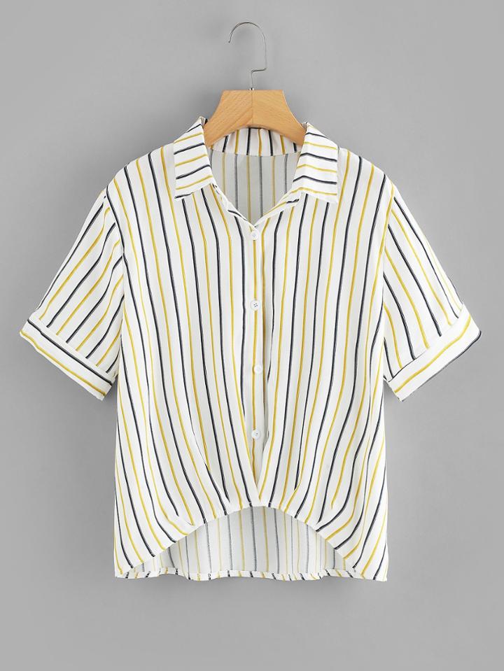 Romwe Striped Dip Hem Striped Shirt