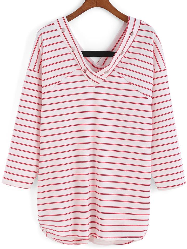 Romwe V Neck Striped Ring Hollow T-shirt