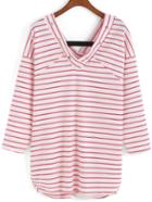 Romwe V Neck Striped Ring Hollow T-shirt