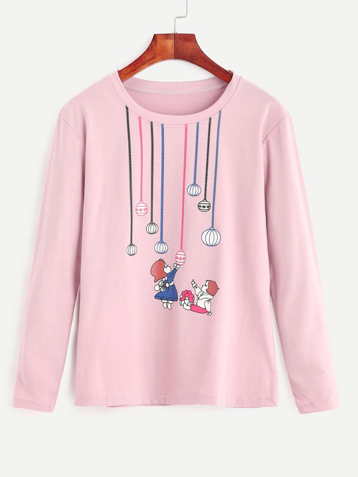 Romwe Pink Cartoon Print Long Sleeve T-shirt