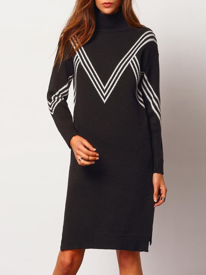 Romwe Turtleneck Chevron Print Sweater Dress