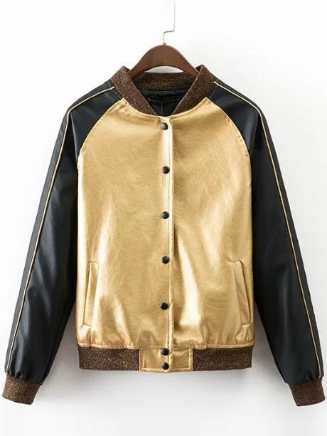 Romwe Gold Rib-knit Cuff Sequined Back Button Jacket