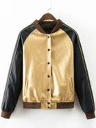 Romwe Gold Rib-knit Cuff Sequined Back Button Jacket