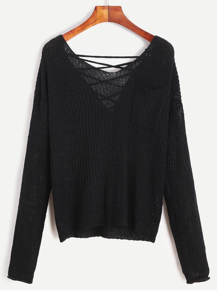 Romwe Black V Neck Criss Cross Back Pocket Sweater