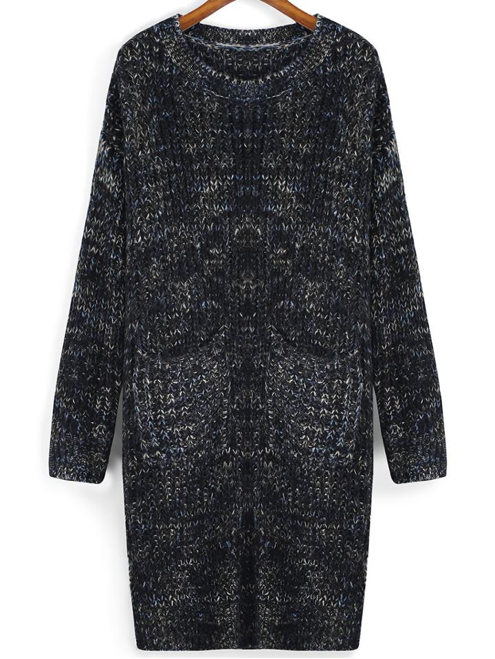 Romwe Long Sleeve Pockets Dark Blue Sweater Dress