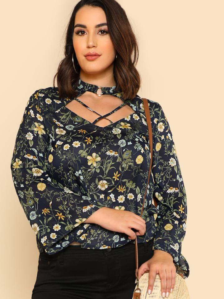 Romwe O-ring Crisscross Choker Neck Botanical Top