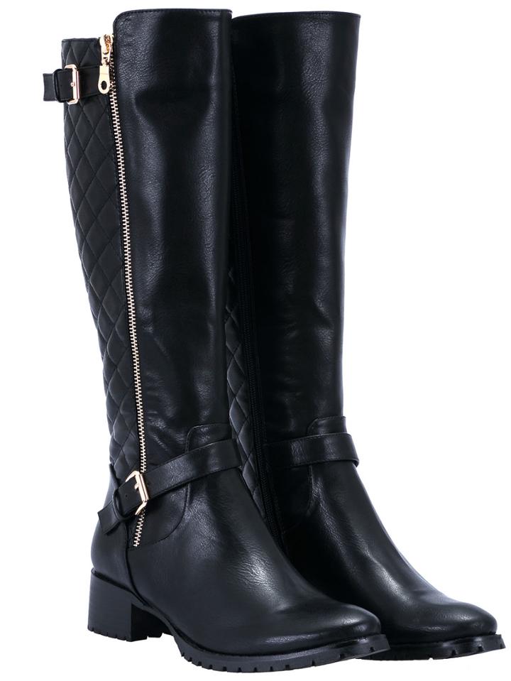 Romwe Black Zipper Buckle Strap Pu Tall Boots