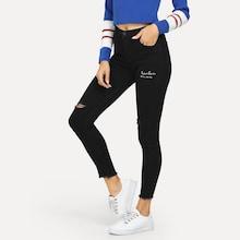 Romwe Solid Destroyed Letter Print Jeans