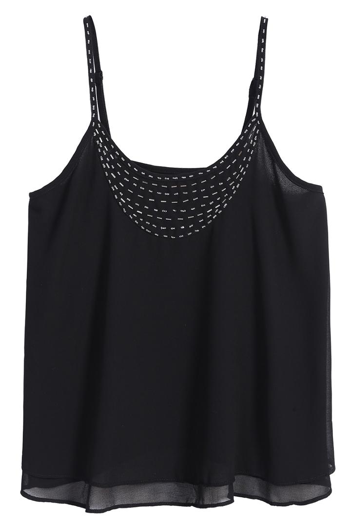 Romwe Spaghetti Strap Bead Chiffon Black Vest