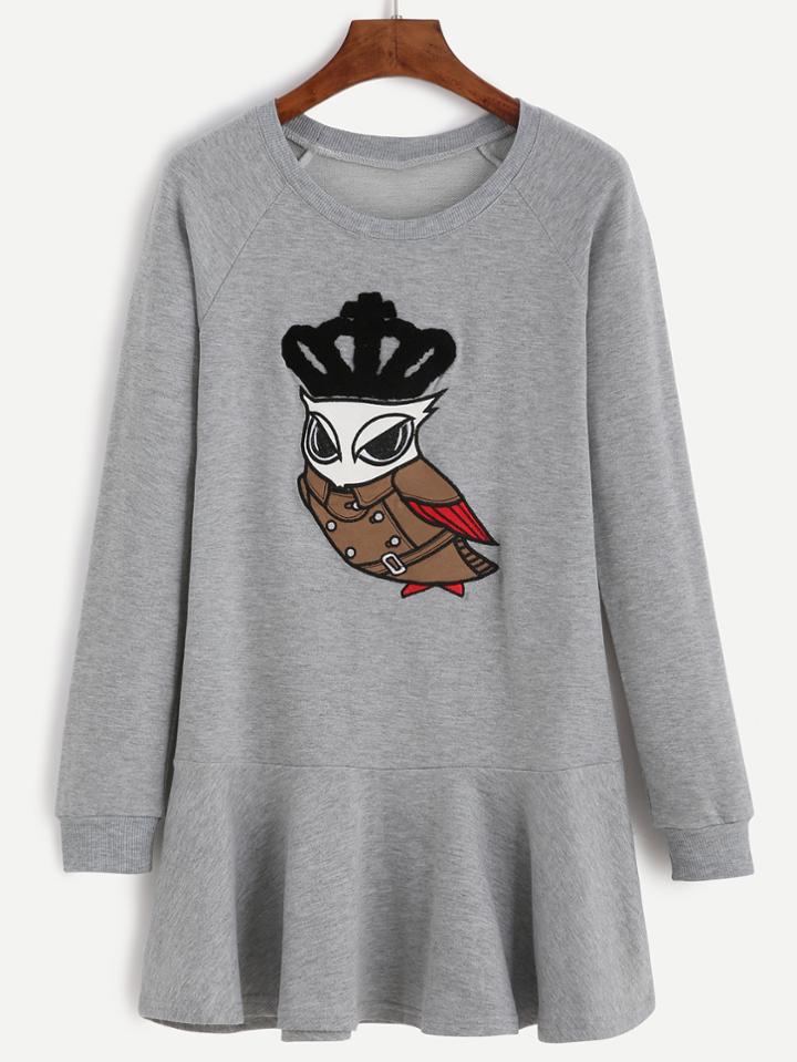 Romwe Grey Owl Embroidered Patch Sweatshirt Dress