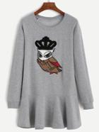Romwe Grey Owl Embroidered Patch Sweatshirt Dress