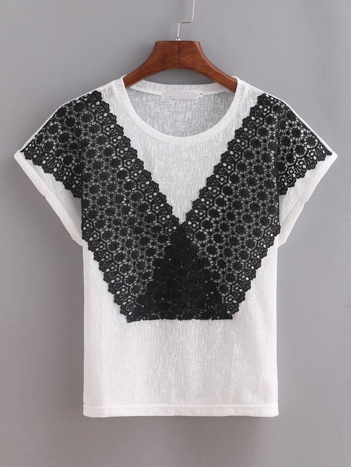 Romwe White Contrast Lace T-shirt