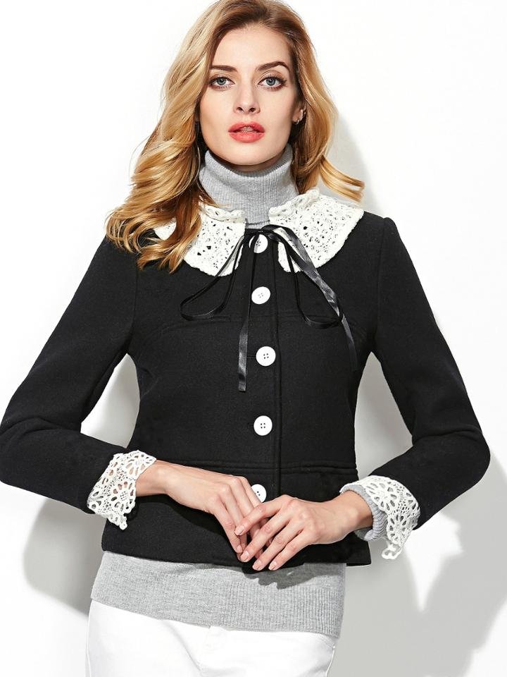 Romwe Black Round Neck Long Sleeve Bow-tie Coat