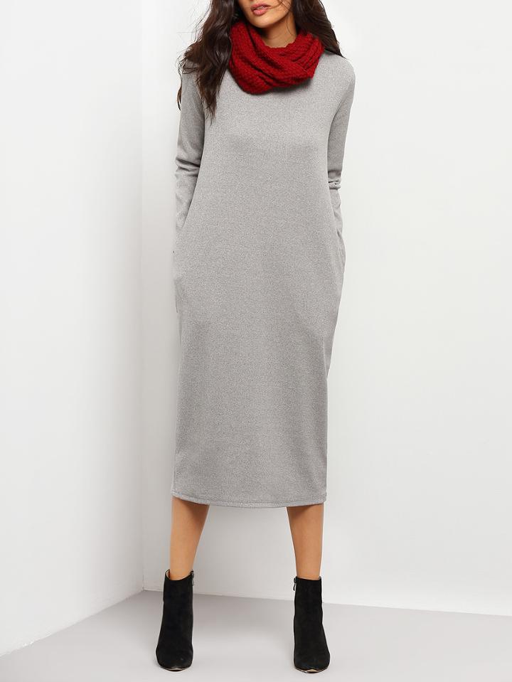 Romwe Grey Collarless Pocket Long Sweatshirt Dress