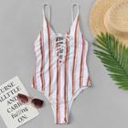 Romwe Striped Lace-up Low Back One Piece Swim