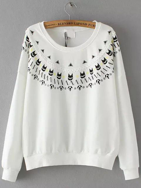Romwe White Round Neck Bead Cats Print Sweatshirt