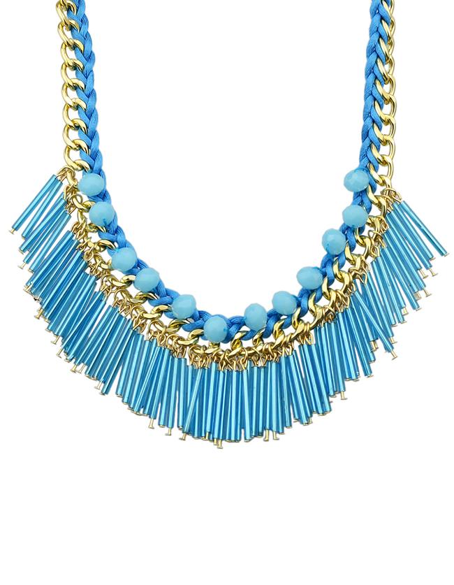 Romwe Blue Long Resin Tassel Statement Female Necklace