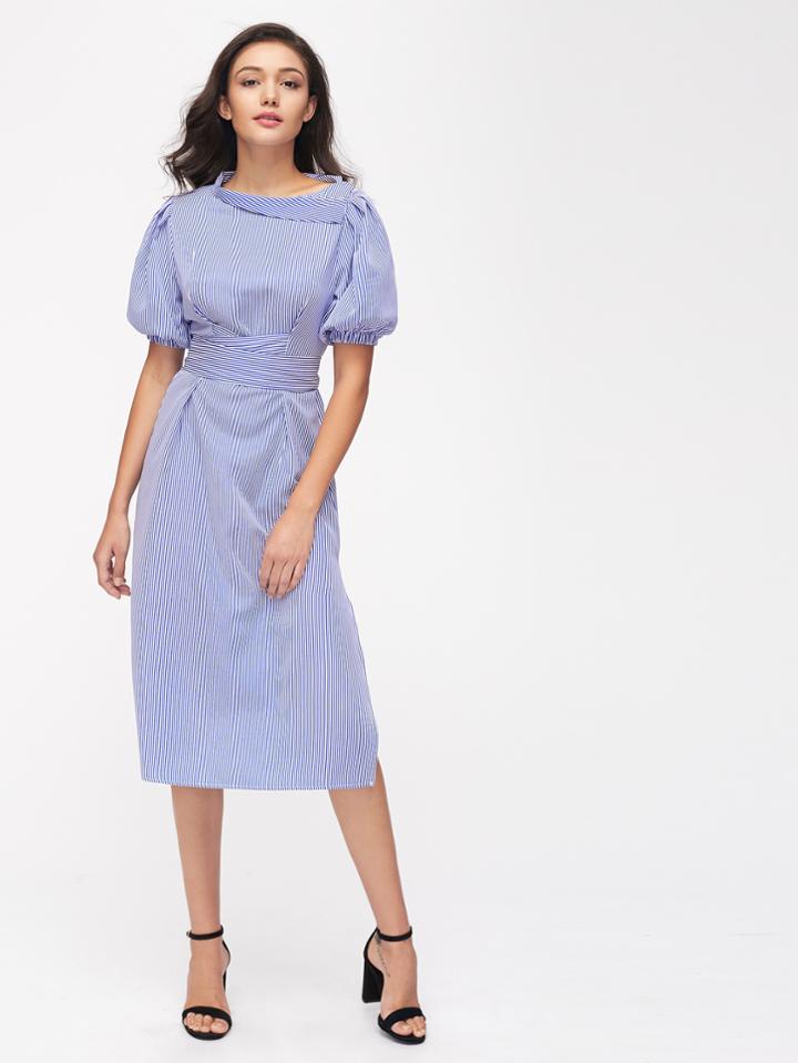 Romwe Bishop Sleeve Asymmetric Foldover Neck Pinstripe Belt Dress