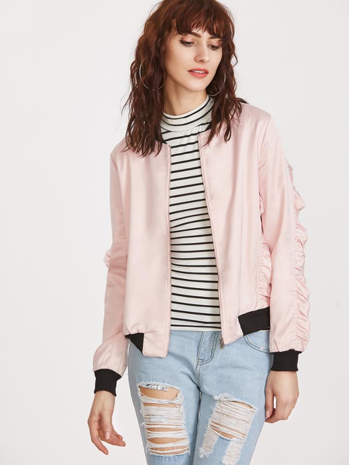 Romwe Pink Contrast Trim Ruffle Bomber Jacket
