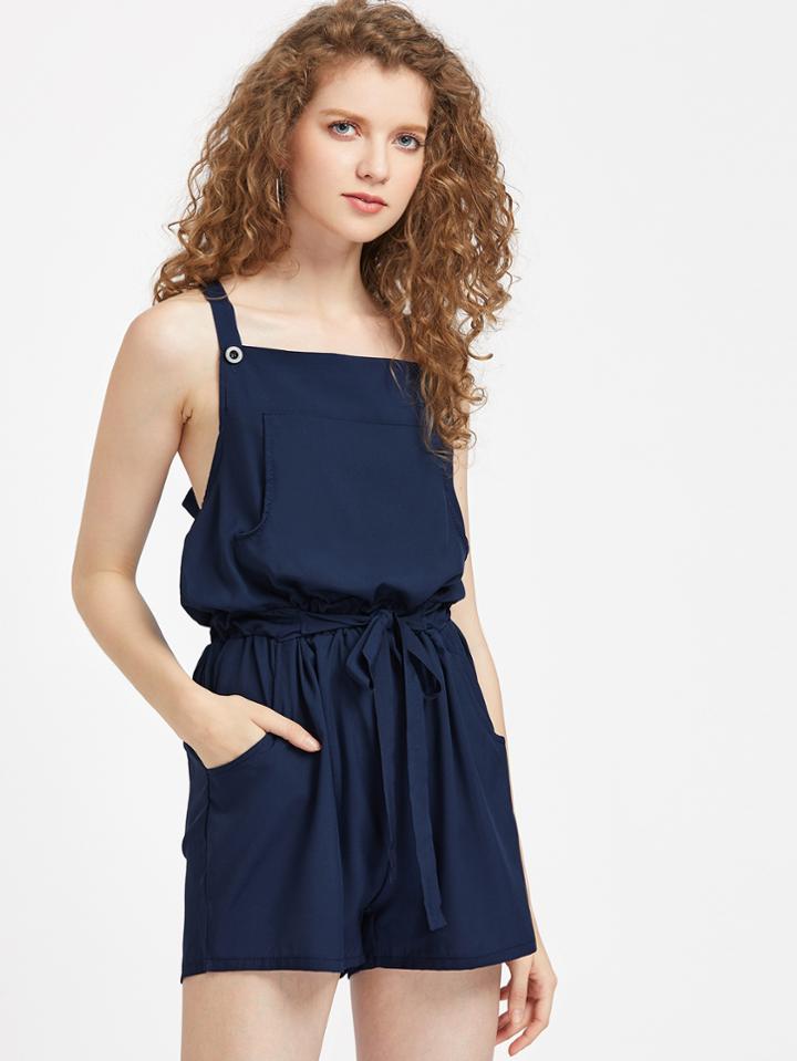 Romwe Kangaroo Pocket Cami Romper With Belt