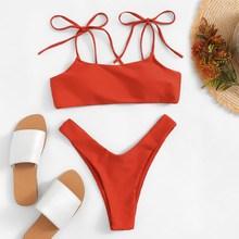Romwe Self Tie Top With High Cut Bikini Set
