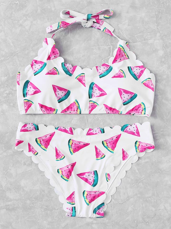 Romwe Scalloped Trim Watermelon Print Bikini Set