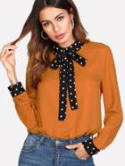 Romwe Polka Dot Tie Neck And Cuff Blouse
