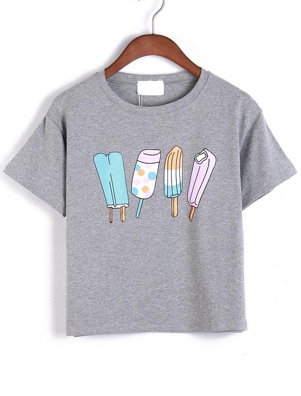 Romwe Ice Cream Print Grey T-shirt