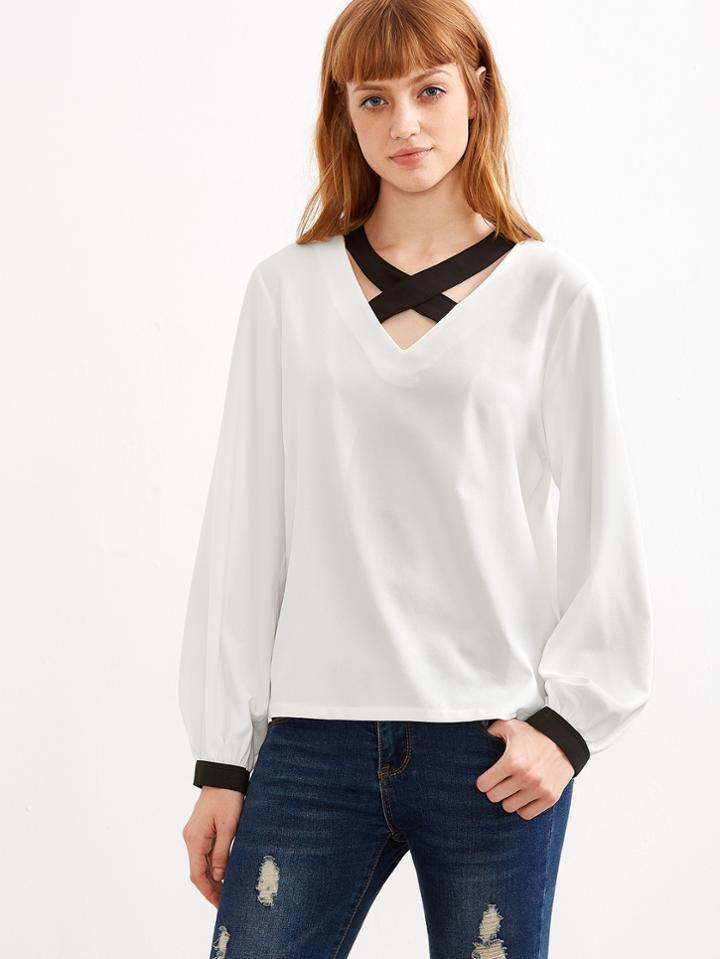 Romwe White Contrast Criss Cross Neck Blouse