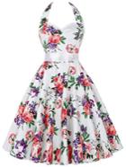 Romwe Halter Neck Flower Print Fit & Flare Dress - Red