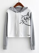 Romwe Contrast Sleeve Cat Print Hoodie