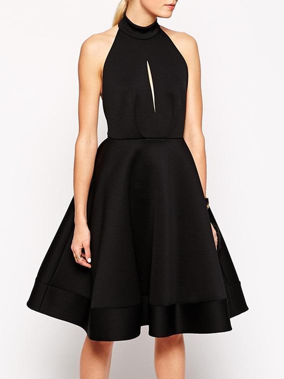 Romwe Black Halter Backless Flare Dress